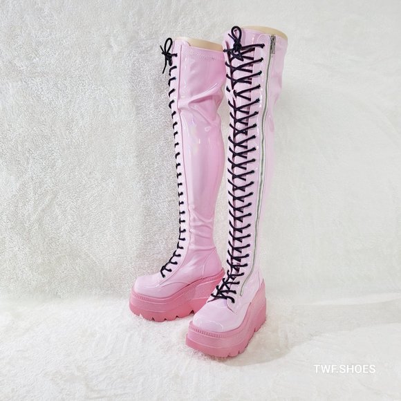 Demonia Factory Color Defect Pink Hologram OTK Platform Thigh Boots - Picture 6 of 14